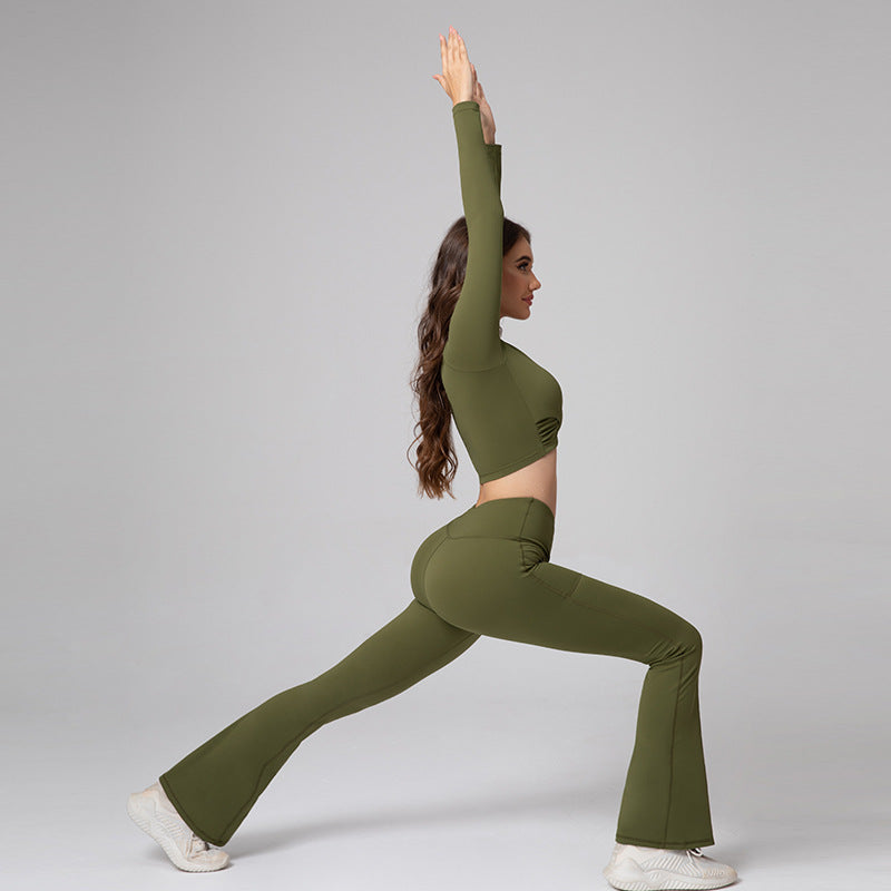SETELAN BAJU OLAHRAGA WANITA LENGAN PANJANG BAHAN HALUS LENTUR | Women's Yoga Gym Set Long Sleeve Cross V-Neck Crop Top & High Waist Stretch Leggings Casual Fitness Wear
