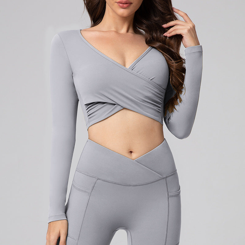 SETELAN BAJU OLAHRAGA WANITA LENGAN PANJANG BAHAN HALUS LENTUR | Women's Yoga Gym Set Long Sleeve Cross V-Neck Crop Top & High Waist Stretch Leggings Casual Fitness Wear