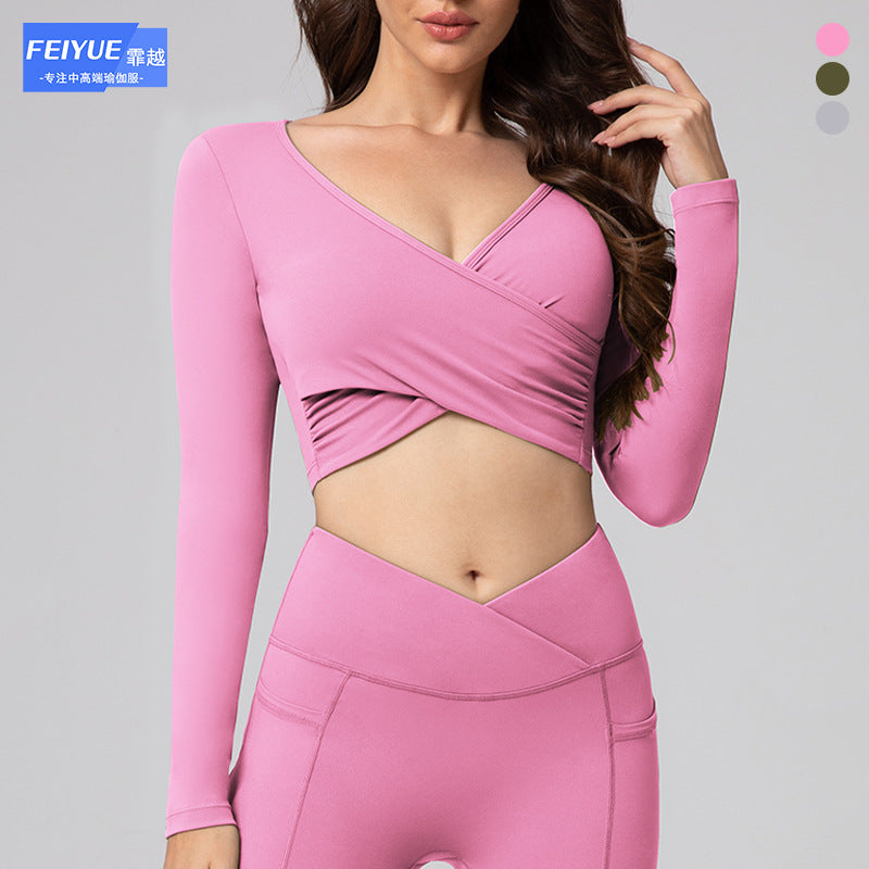SETELAN BAJU OLAHRAGA WANITA LENGAN PANJANG BAHAN HALUS LENTUR | Women's Yoga Gym Set Long Sleeve Cross V-Neck Crop Top & High Waist Stretch Leggings Casual Fitness Wear