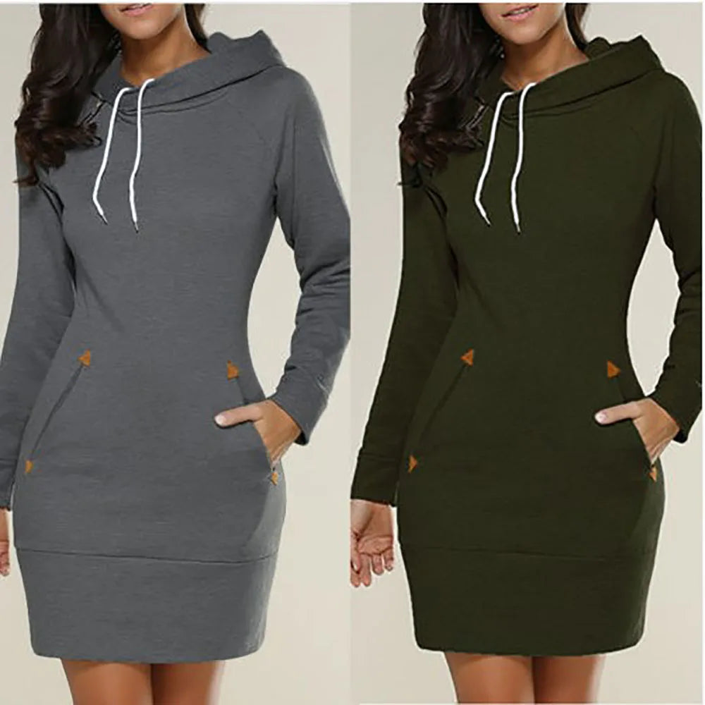 GAUN WANITA MODEL SWEATER BERKERUDUNG SANTAI & NYAMAN BAHAN HALUS | Women's Hooded Zipper Pullover Dress Casual Soft Comfortable Daily Wear