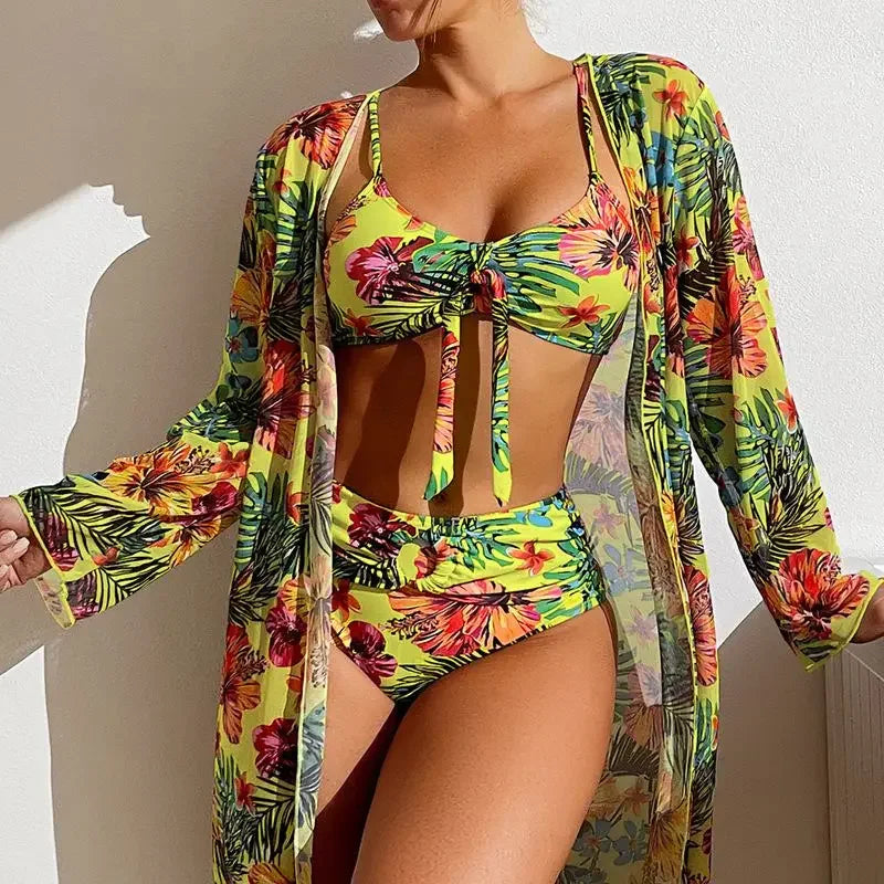 SET BIKINI 3 POTONG MOTIF BUNGA PREMIUM WANITA BAHAN HALUS ELEGAN | Women's 3-Pieces Floral Printed Bikini Set Mesh Swimwear