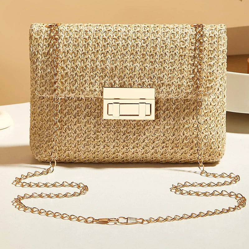 Women Straw Woven Lock Crossbody Bag Chain Strap Summer Mini Shoulder Bag