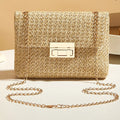Women Straw Woven Lock Crossbody Bag Chain Strap Summer Mini Shoulder Bag