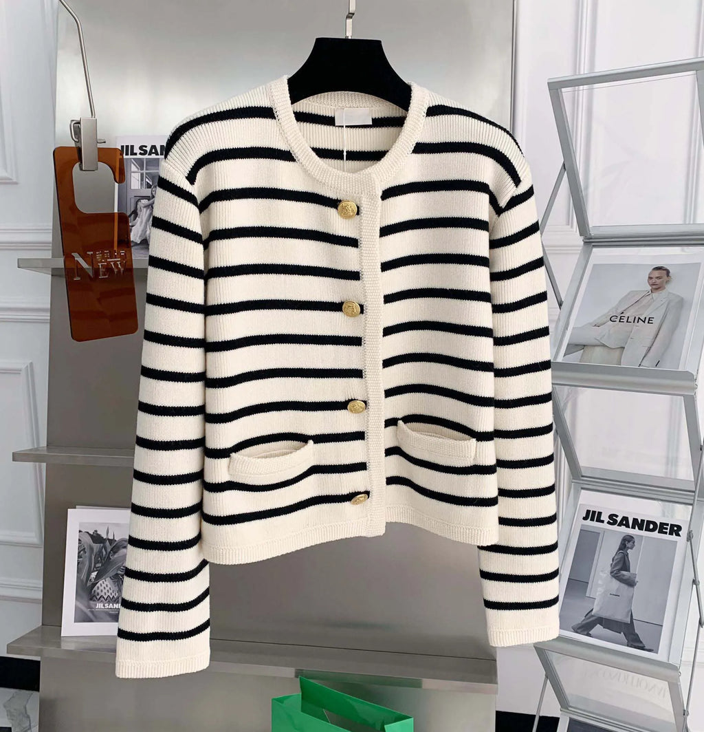 Women Striped Knit Cardigan O-Neck Long Sleeve Casual Sweater