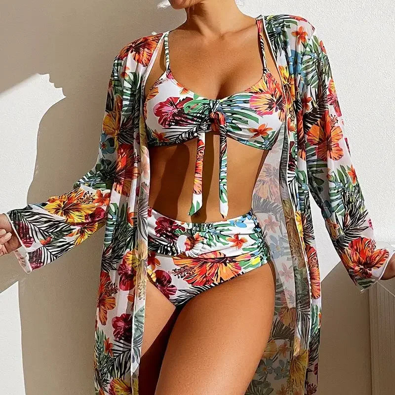 SET BIKINI 3 POTONG MOTIF BUNGA PREMIUM WANITA BAHAN HALUS ELEGAN | Women's 3-Pieces Floral Printed Bikini Set Mesh Swimwear