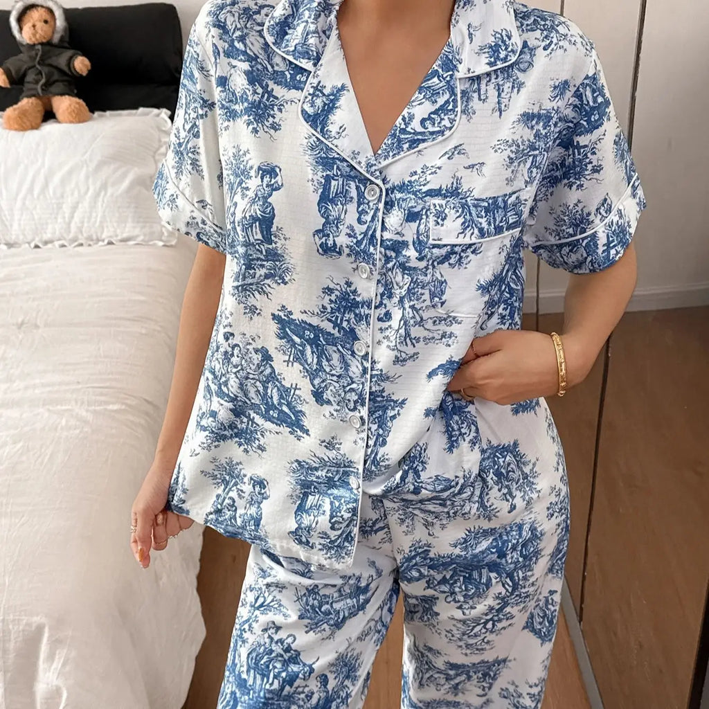 Setelan Baju Tidur Wanita Motif Bunga - Bahan Adem Premium