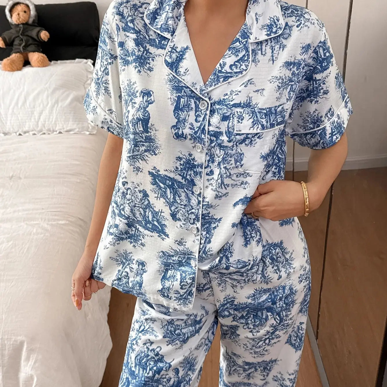 Setelan Baju Tidur Wanita Motif Bunga - Bahan Adem Premium