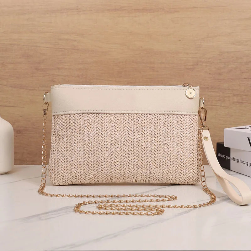 Women Straw Woven Crossbody Bag Chain Strap Summer Casual Handbag 2 Colors