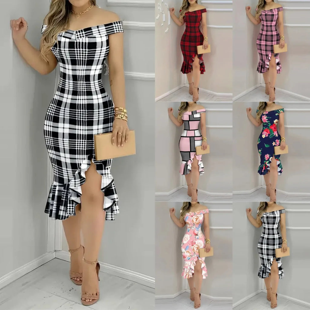 GAUN WANITA MODEL TUBUH BAHAN HALUS MOTIF CANTIK GAYA SEKSI ELEGAN | Women's Sheath Dress Off Shoulder Stylish Printed Party Casual Wear
