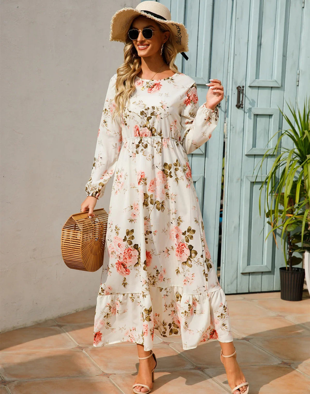 GAUN WANITA MUSLIM MOTIF BUNGA LENGAN PANJANG ELEGAN & SOPAN | Women's Muslim Floral Long Sleeve Dress Elegant O-Neck Ruffles Casual Wear