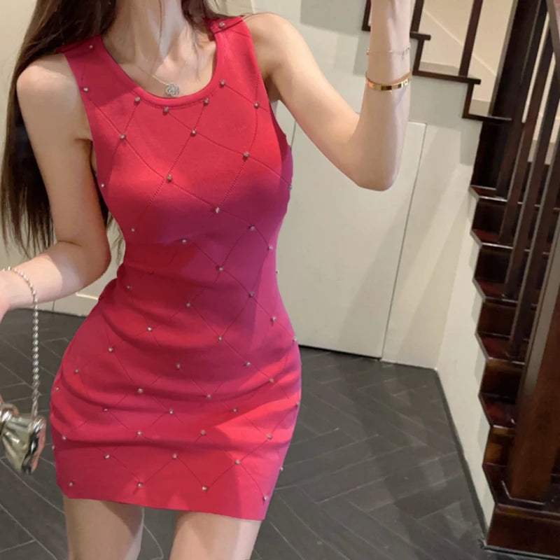 GAUN PENDEK RAJUT WANITA TANPA LENGAN MODEL RAMPING ELEGAN & SEKSI | Women's Slim Fit Elastic Knitted Sleeveless Mini Dress Casual Elegant Party Daily Wear