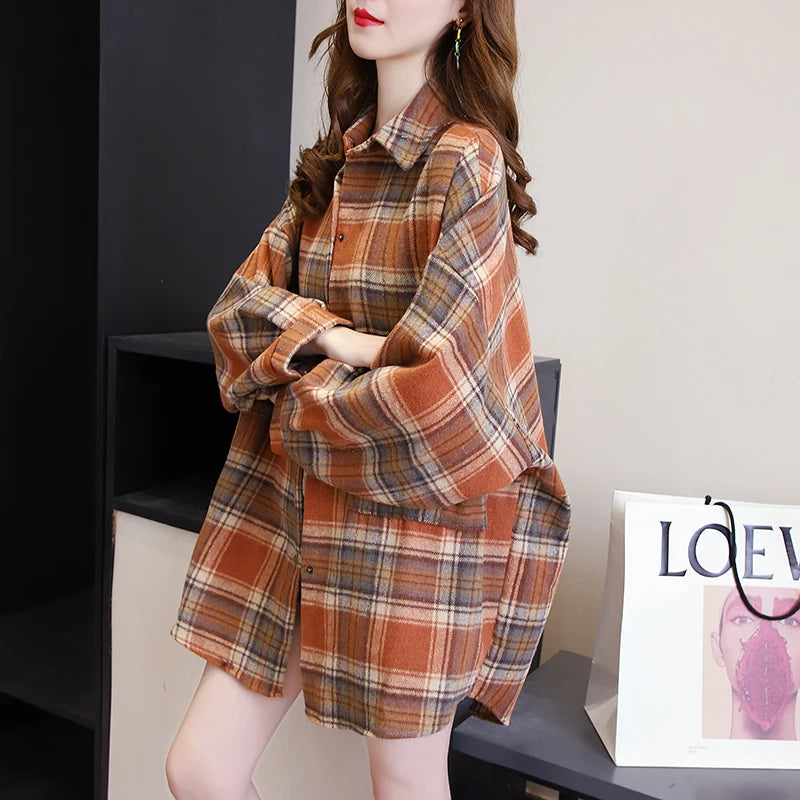 KEMEJA WANITA MOTIF KOTAK-KOTAK LENGAN PANJANG GAYA SANTAI & ELEGAN | Women's Plaid Shirt Long Sleeve Vintage Loose Casual Blouse Fashion