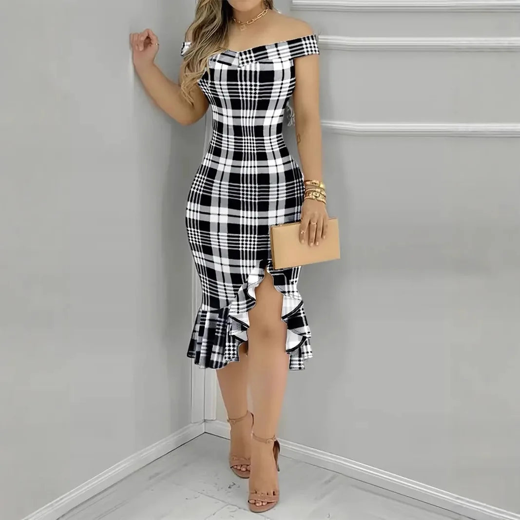 GAUN WANITA MODEL TUBUH BAHAN HALUS MOTIF CANTIK GAYA SEKSI ELEGAN | Women's Sheath Dress Off Shoulder Stylish Printed Party Casual Wear