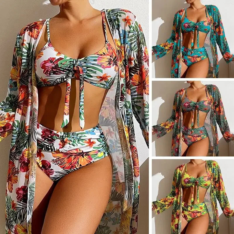 SET BIKINI 3 POTONG MOTIF BUNGA PREMIUM WANITA BAHAN HALUS ELEGAN | Women's 3-Pieces Floral Printed Bikini Set Mesh Swimwear