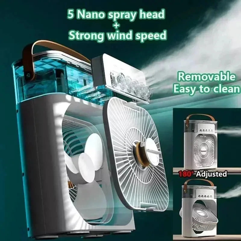 KIPAS ANGIN PENDINGIN MINI PORTABEL 5 LUBANG SEMPROT AIR LAMPU WARNA | Portable Mini Air Cooler Fan 5-Hole Spray Humidifier with LED Light USB Rechargeable Desktop Cooling Fan