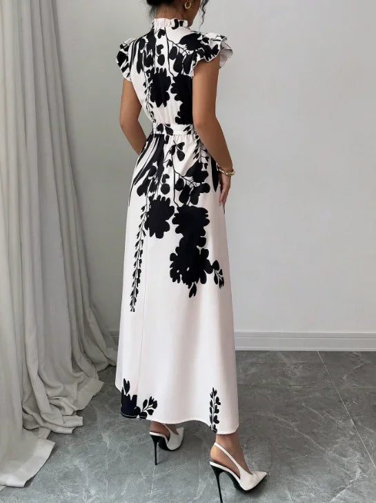 GAUN WANITA MOTIF HITAM PUTIH ELEGAN MODEL PANJANG SOPAN & BERGAYA | Women's Elegant Black & White Print Long Dress Suitable for Work, Dating & Vacation