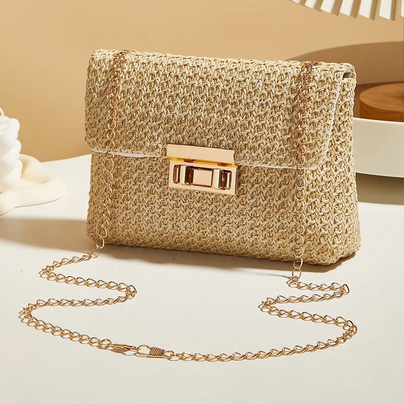 Women Straw Woven Lock Crossbody Bag Chain Strap Summer Mini Shoulder Bag
