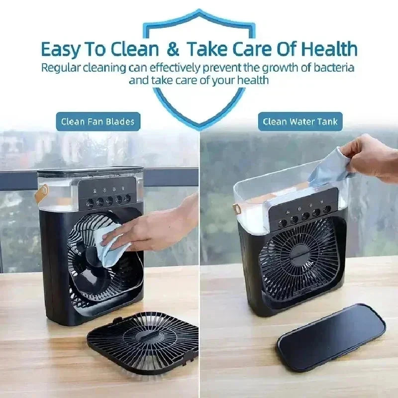 KIPAS ANGIN PENDINGIN MINI PORTABEL 5 LUBANG SEMPROT AIR LAMPU WARNA | Portable Mini Air Cooler Fan 5-Hole Spray Humidifier with LED Light USB Rechargeable Desktop Cooling Fan