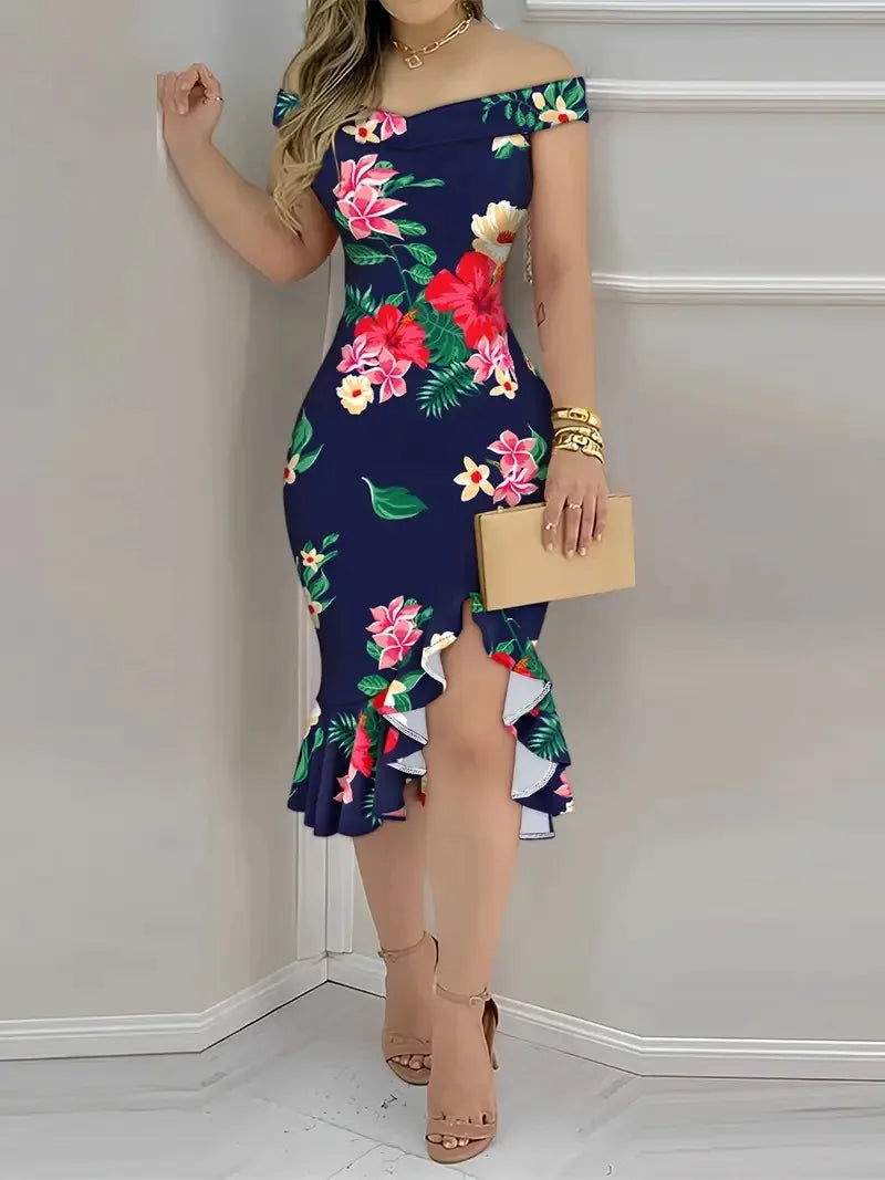 GAUN WANITA MODEL TUBUH BAHAN HALUS MOTIF CANTIK GAYA SEKSI ELEGAN | Women's Sheath Dress Off Shoulder Stylish Printed Party Casual Wear