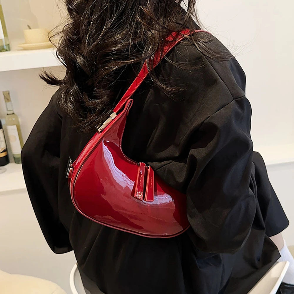 Women Half Moon Patent Leather Shoulder Bag Glossy Underarm Handbag 4 Colors