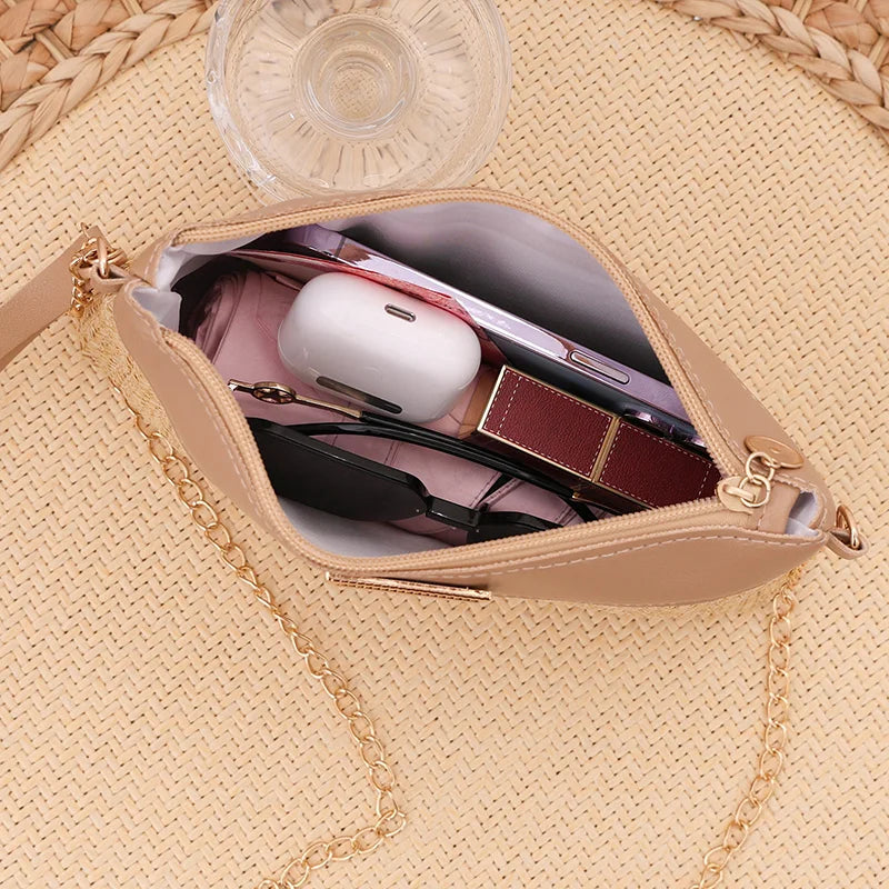 Women Straw Woven Crossbody Bag Chain Strap Summer Casual Handbag 2 Colors