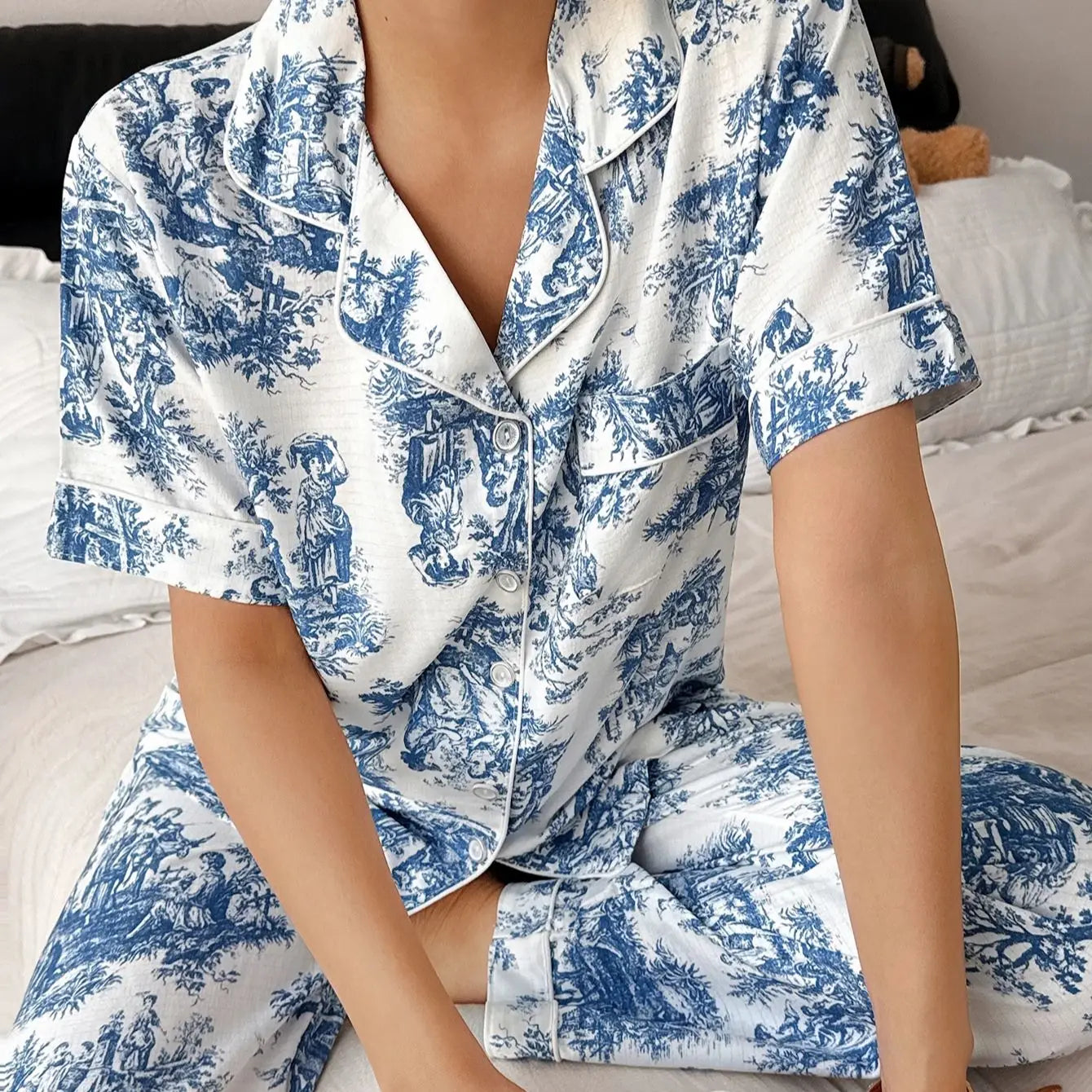Setelan Baju Tidur Wanita Motif Bunga - Bahan Adem Premium