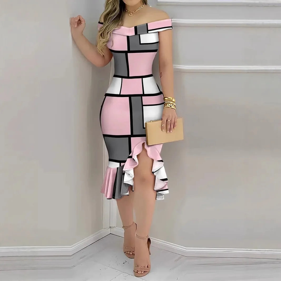 GAUN WANITA MODEL TUBUH BAHAN HALUS MOTIF CANTIK GAYA SEKSI ELEGAN | Women's Sheath Dress Off Shoulder Stylish Printed Party Casual Wear