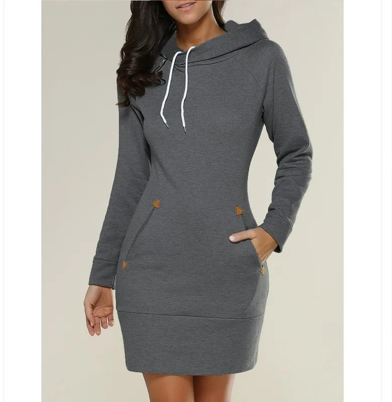 GAUN WANITA MODEL SWEATER BERKERUDUNG SANTAI & NYAMAN BAHAN HALUS | Women's Hooded Zipper Pullover Dress Casual Soft Comfortable Daily Wear