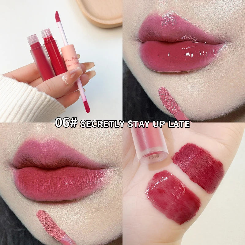 LIP GLOSS DUA MUKA KILAP & BELUDU WARNA CANTIK TAHAN LAMA | Double End Lip Glaze Mirror Shine & Matte Velvet Long Lasting Lip Gloss Cosmetics