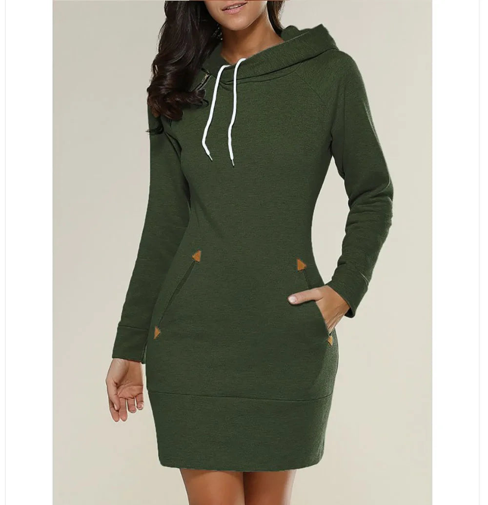 GAUN WANITA MODEL SWEATER BERKERUDUNG SANTAI & NYAMAN BAHAN HALUS | Women's Hooded Zipper Pullover Dress Casual Soft Comfortable Daily Wear