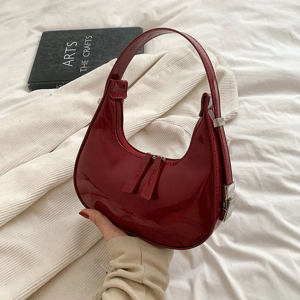 Women Half Moon Patent Leather Shoulder Bag Glossy Underarm Handbag 4 Colors