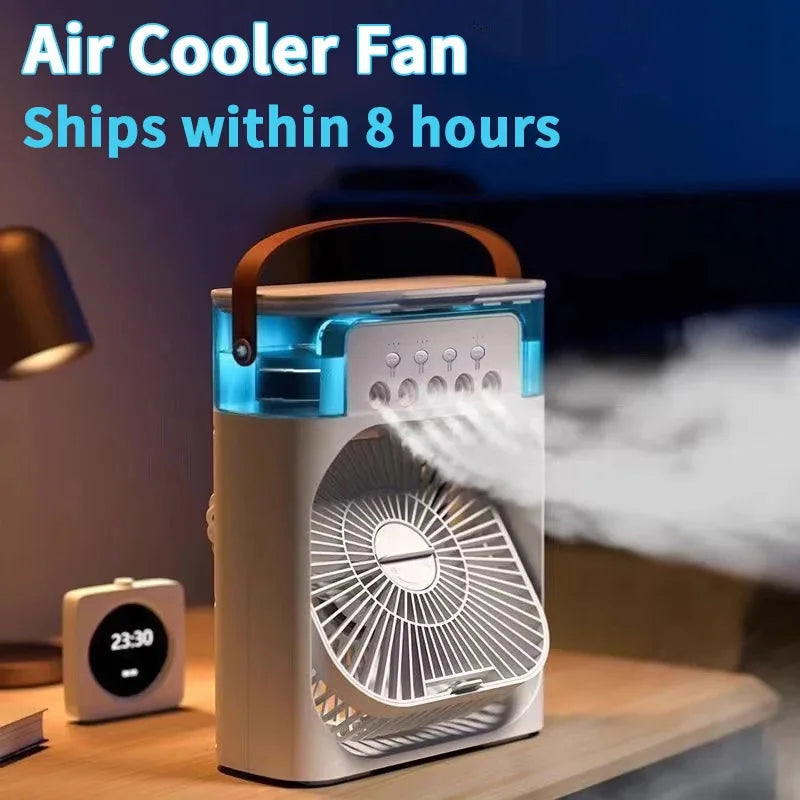 KIPAS ANGIN PENDINGIN MINI PORTABEL 5 LUBANG SEMPROT AIR LAMPU WARNA | Portable Mini Air Cooler Fan 5-Hole Spray Humidifier with LED Light USB Rechargeable Desktop Cooling Fan