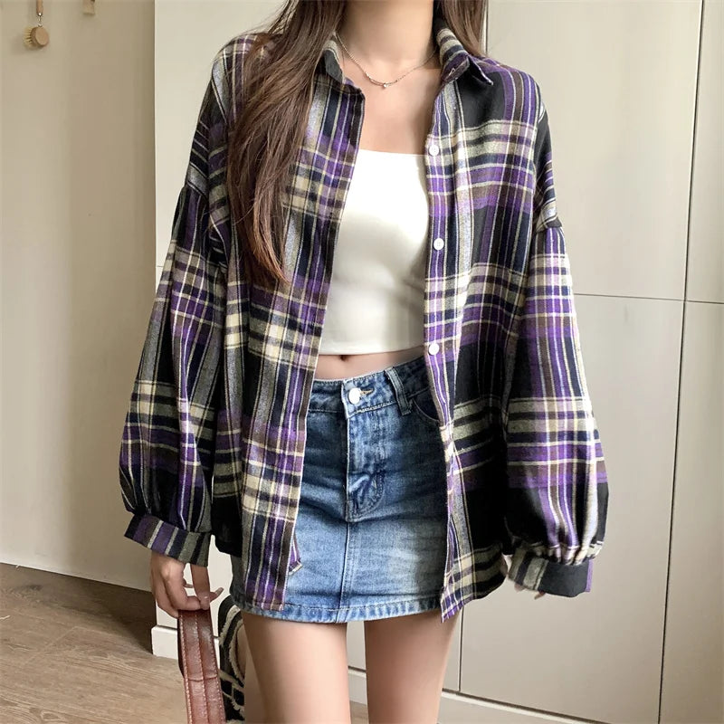 KEMEJA WANITA MOTIF KOTAK-KOTAK LENGAN PANJANG GAYA SANTAI & ELEGAN | Women's Plaid Shirt Long Sleeve Vintage Loose Casual Blouse Fashion