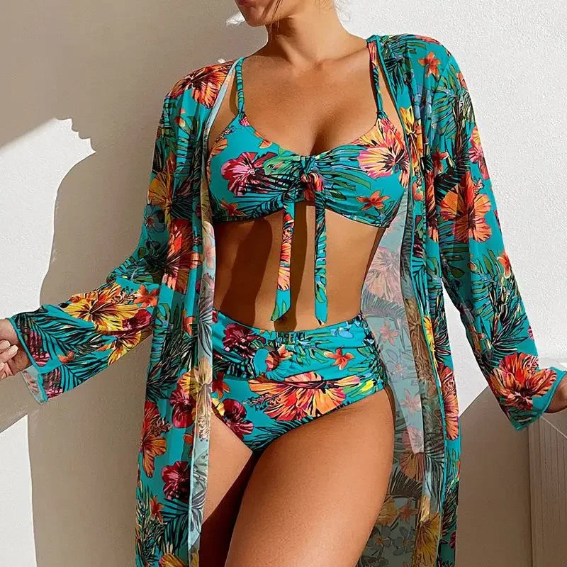 SET BIKINI 3 POTONG MOTIF BUNGA PREMIUM WANITA BAHAN HALUS ELEGAN | Women's 3-Pieces Floral Printed Bikini Set Mesh Swimwear