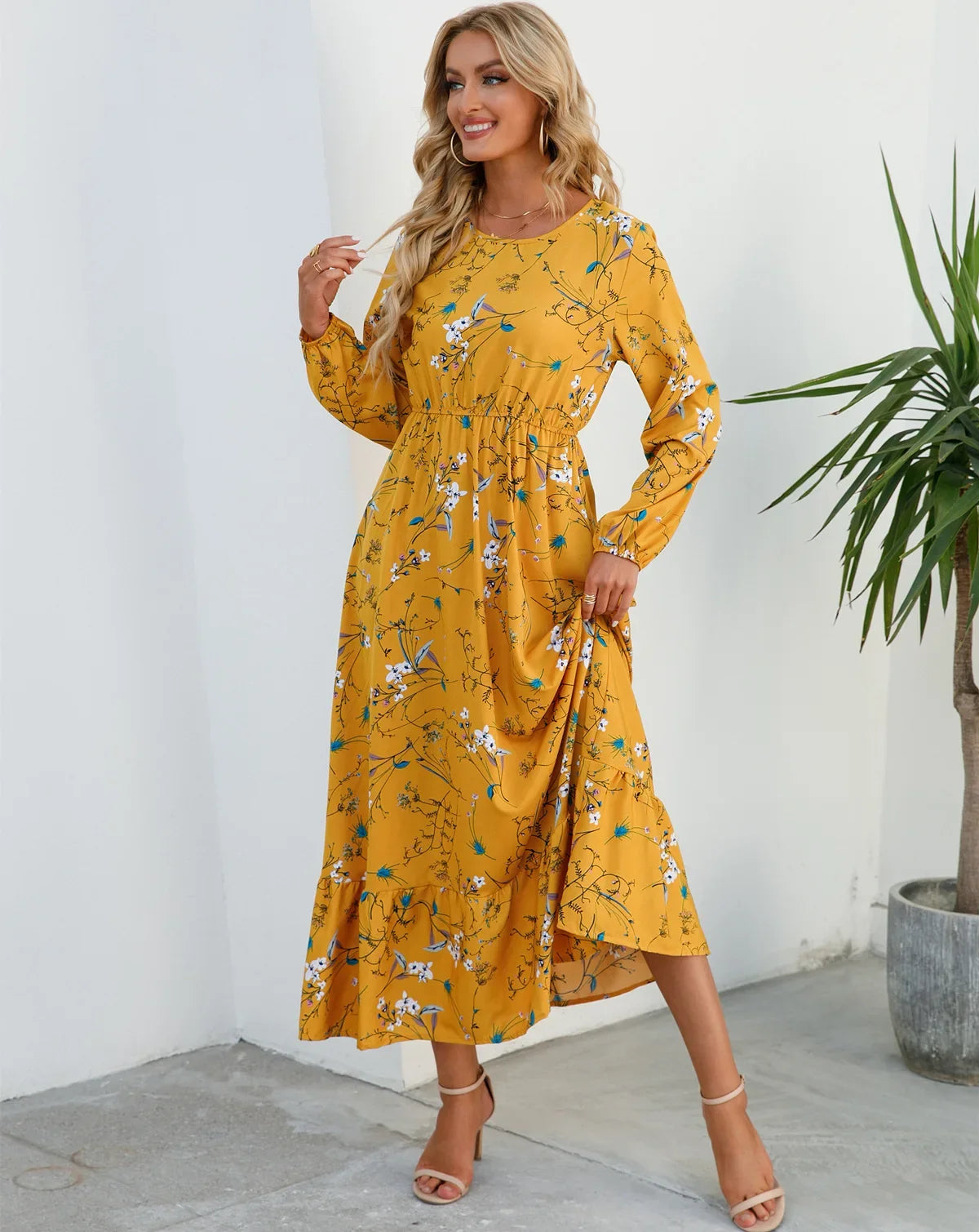 GAUN WANITA MUSLIM MOTIF BUNGA LENGAN PANJANG ELEGAN & SOPAN | Women's Muslim Floral Long Sleeve Dress Elegant O-Neck Ruffles Casual Wear