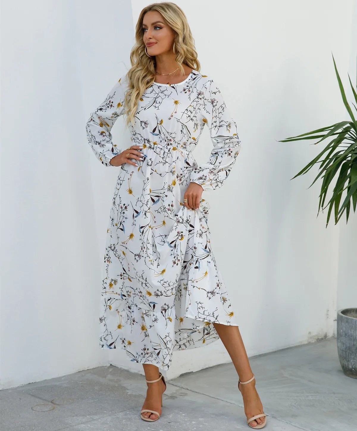 GAUN WANITA MUSLIM MOTIF BUNGA LENGAN PANJANG ELEGAN & SOPAN | Women's Muslim Floral Long Sleeve Dress Elegant O-Neck Ruffles Casual Wear