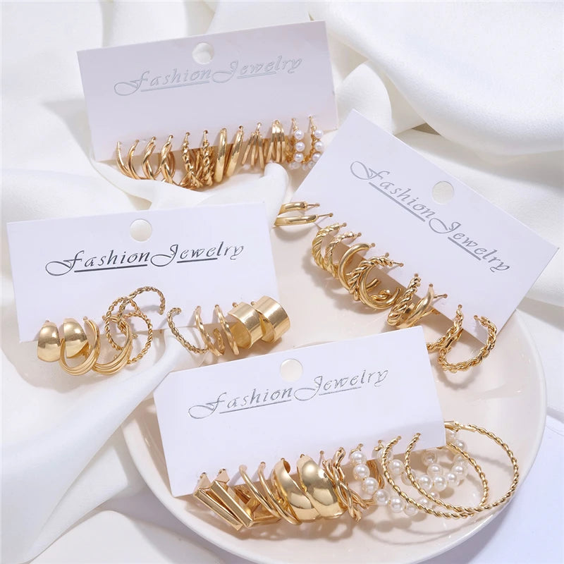 PAKET 24 PASANG ANTING WANITA WARNA EMAS MODEL KLASIK & MODERN | 24 Pairs Gold Color Hoop Earrings Set Vintage Pearl Geometric Fashion Jewelry