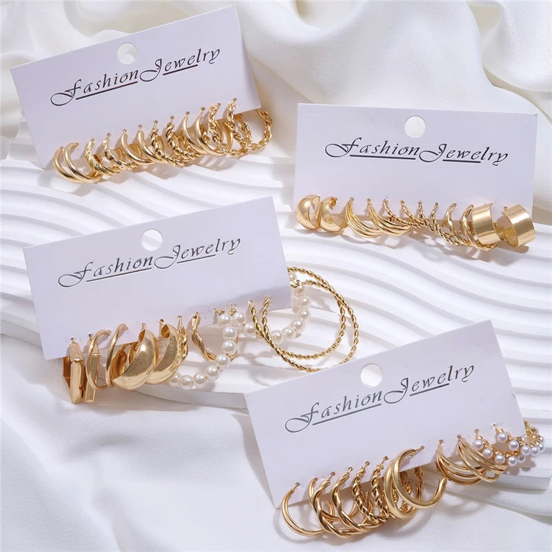 PAKET 24 PASANG ANTING WANITA WARNA EMAS MODEL KLASIK & MODERN | 24 Pairs Gold Color Hoop Earrings Set Vintage Pearl Geometric Fashion Jewelry