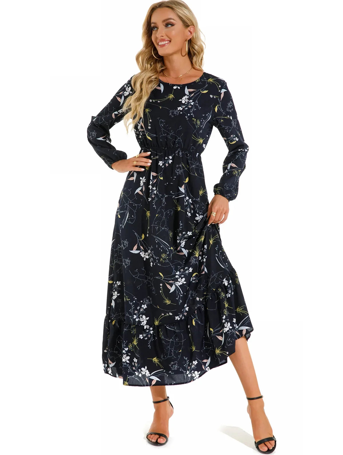 GAUN WANITA MUSLIM MOTIF BUNGA LENGAN PANJANG ELEGAN & SOPAN | Women's Muslim Floral Long Sleeve Dress Elegant O-Neck Ruffles Casual Wear