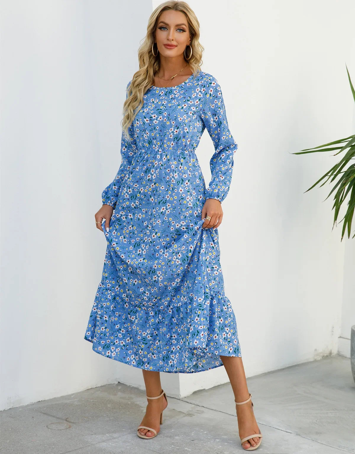 GAUN WANITA MUSLIM MOTIF BUNGA LENGAN PANJANG ELEGAN & SOPAN | Women's Muslim Floral Long Sleeve Dress Elegant O-Neck Ruffles Casual Wear