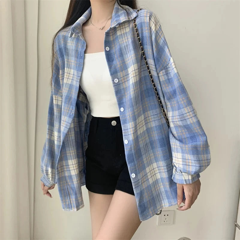 KEMEJA WANITA MOTIF KOTAK-KOTAK LENGAN PANJANG GAYA SANTAI & ELEGAN | Women's Plaid Shirt Long Sleeve Vintage Loose Casual Blouse Fashion