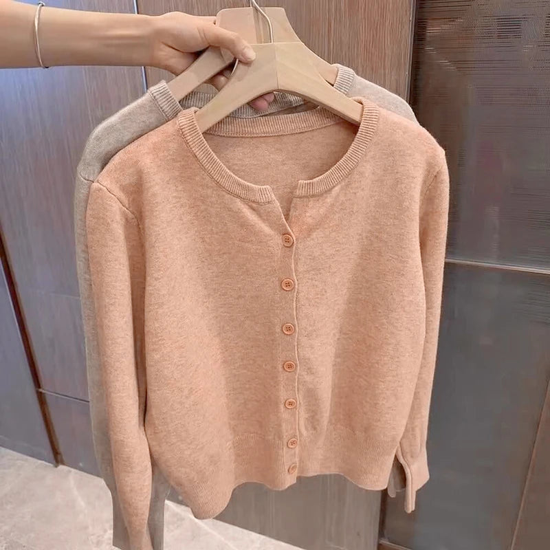 Women Soft Knit Cardigan O-Neck Long Sleeve Casual Sweater