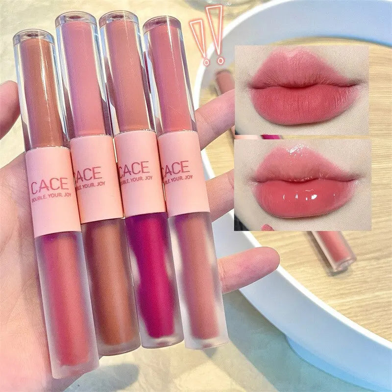 LIP GLOSS DUA MUKA KILAP & BELUDU WARNA CANTIK TAHAN LAMA | Double End Lip Glaze Mirror Shine & Matte Velvet Long Lasting Lip Gloss Cosmetics