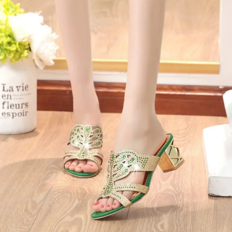 SANDAL WANITA MUSIM PANAS HIASAN PERMATA HAK TEBAL NYAMAN & ELEGAN | Women's Summer Rhinestone Thick Heel Sandals Open Toe Comfortable Party Casual Wear