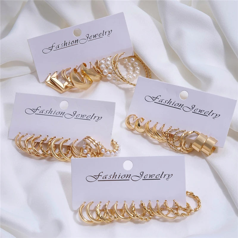 PAKET 24 PASANG ANTING WANITA WARNA EMAS MODEL KLASIK & MODERN | 24 Pairs Gold Color Hoop Earrings Set Vintage Pearl Geometric Fashion Jewelry