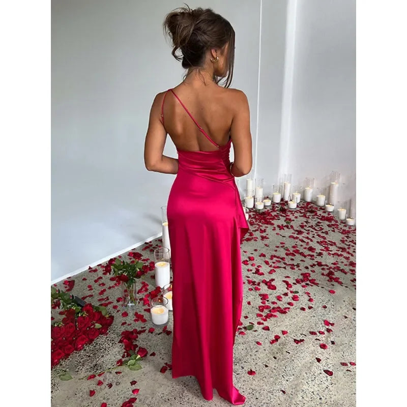 GAUN PESTA WANITA BAHAN SATIN MODEL SATU BAHU PANJANG ELEGAN | Women Satin One Shoulder Sleeveless Long Dress Elegant Party Evening Gown