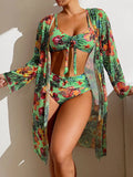 SET BIKINI 3 POTONG MOTIF BUNGA PREMIUM WANITA BAHAN HALUS ELEGAN | Women's 3-Pieces Floral Printed Bikini Set Mesh Swimwear