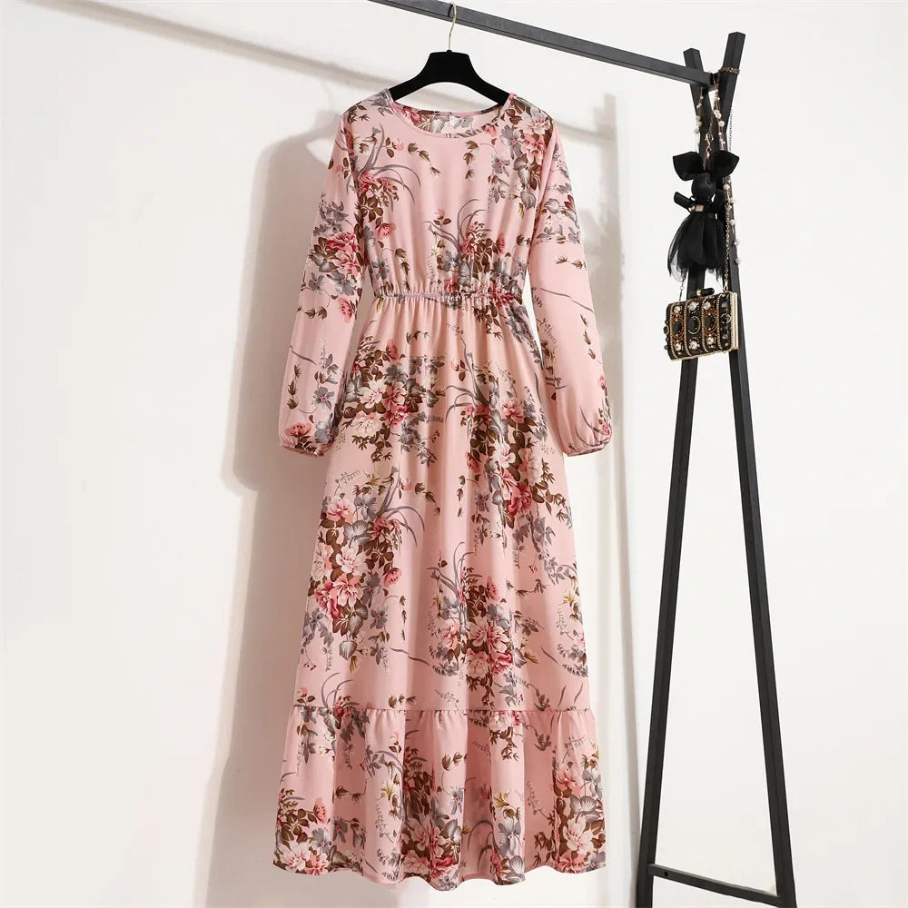 GAUN WANITA MUSLIM MOTIF BUNGA LENGAN PANJANG ELEGAN & SOPAN | Women's Muslim Floral Long Sleeve Dress Elegant O-Neck Ruffles Casual Wear