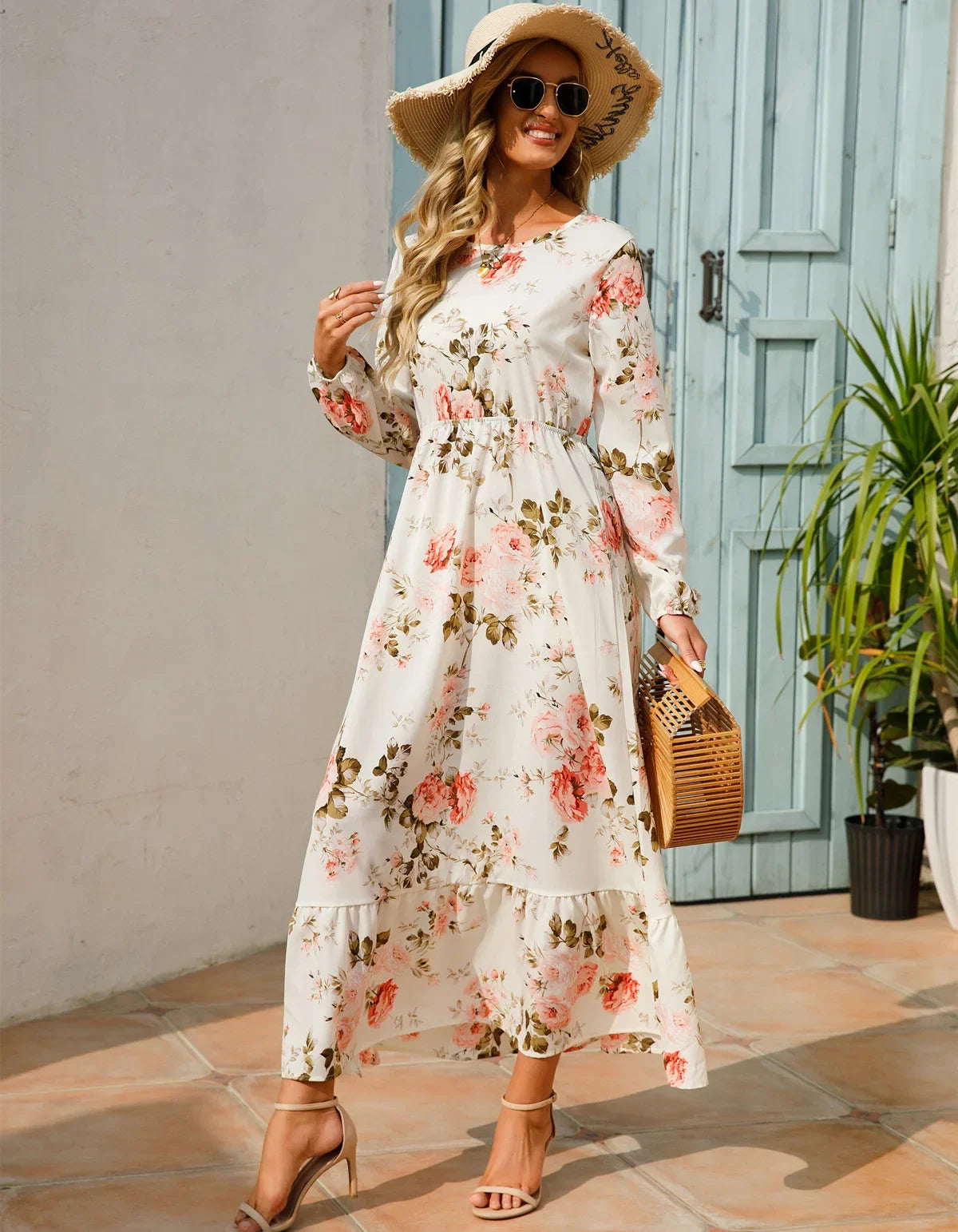 GAUN WANITA MUSLIM MOTIF BUNGA LENGAN PANJANG ELEGAN & SOPAN | Women's Muslim Floral Long Sleeve Dress Elegant O-Neck Ruffles Casual Wear