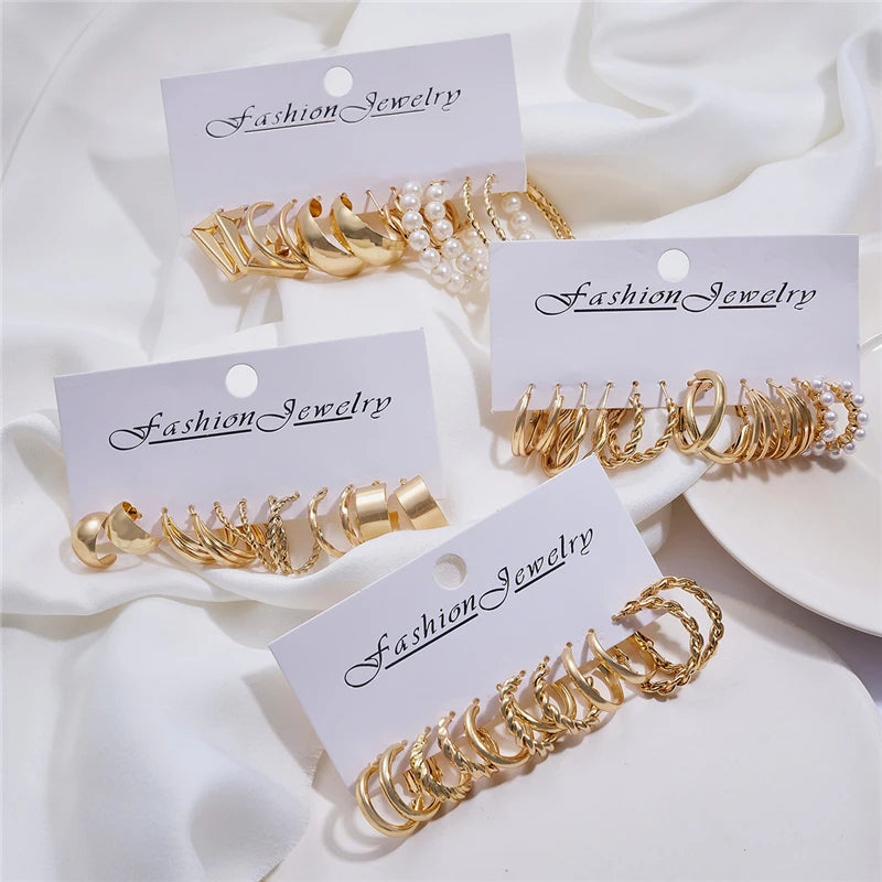PAKET 24 PASANG ANTING WANITA WARNA EMAS MODEL KLASIK & MODERN | 24 Pairs Gold Color Hoop Earrings Set Vintage Pearl Geometric Fashion Jewelry